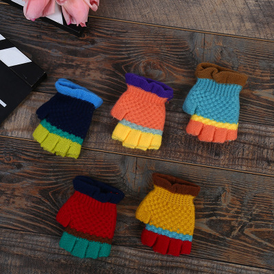 2018 Autumn and Winter New Children's Half Finger Warm Gloves Cartoon Color Knitted Open Finger Gloves Factory Wholesale