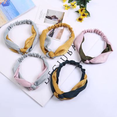 Korean Temperament Double Stitching Chinese Knot Color Matching Cross Retro Hair Band Satin Knot Contrast Color Headband Hair Accessory