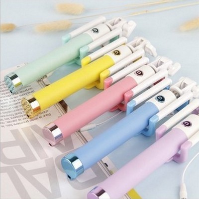 Electroplated macaron high quality selfie stick universal selfie stick folding wire control selfie stick without bluetooth