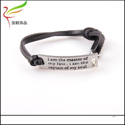 Leather cord English alphabet inspirational alloy bracelet.