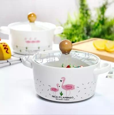 The Nordic flamingo bubble bowl with a cartoon creative ceramic bowl powder is a large capacity soup bowl Korean bowl.