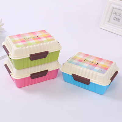 Creative square green plastic lunch box student bento box microwave japanese-style double divider lunch box.