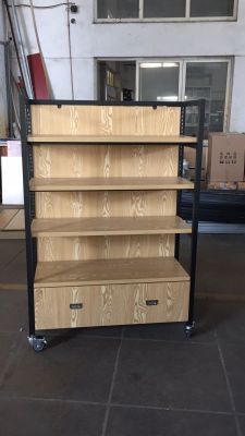 Imported supermarket with wheels and drawer with bottom cabinet can move the steel wood shelf.