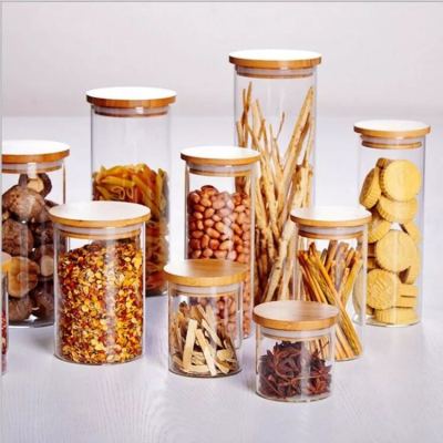 Bamboo and wood cover glass seal jar glass herbal tea set straight tube flower tea can tea can candy storage
