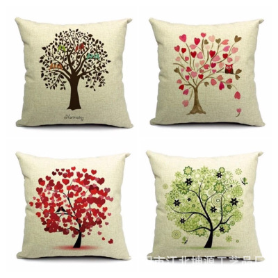 The Green life tree cotton and hemp pillow cover cross-border goods and literature small and fresh sofa room cushion car waist pillow.