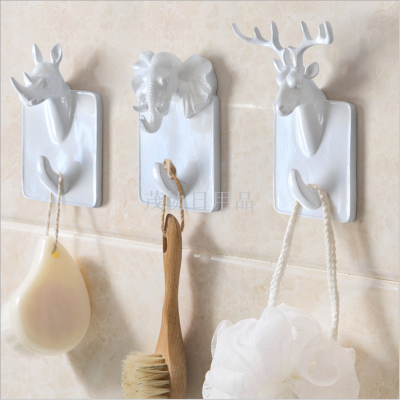 Creative Animal Head Sticky Hook Punch-Free Wall Hanger Bathroom Bathroom Coat Hook Resin Coat Hook