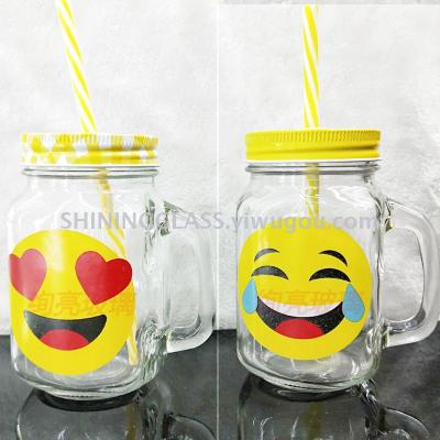Smiling Face Mason Cup Expression Handle Cup Glass Cup with Straw Smiling Face Cup Cool Drinks Cup