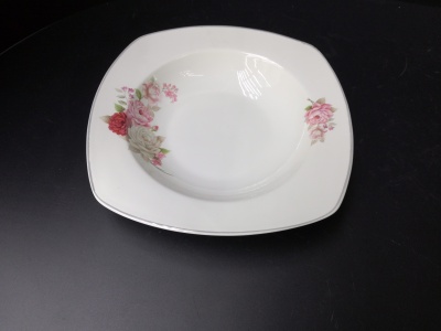 Nine-inch bone porcelain square thin film with small membranous flower/single silver thread.
