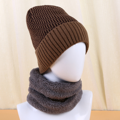 Winter Fashion Khaki Striped Knitted Hat plus Velvet Scarf Outdoor Sleeve Cap