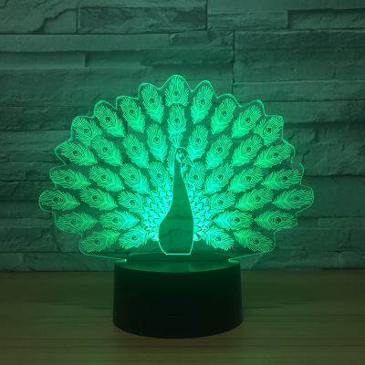 Factory selling peacock remote control 7 color 3D lamp LED visual stereo light touch switch small night light 1446.