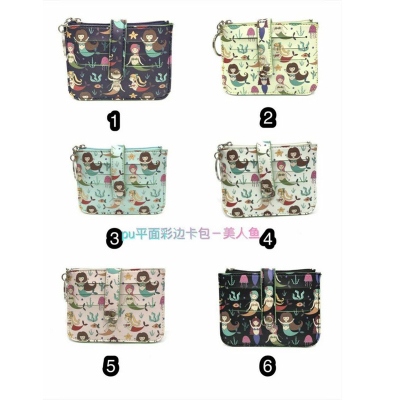 The new PU plane color printing mermaid doodle multi-card bit card bag lovely change key ring.