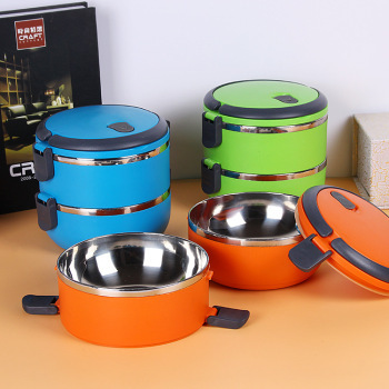 Stainless steel double insulated insulated bowl round lunch box with two boxes of portable lunch boxes.