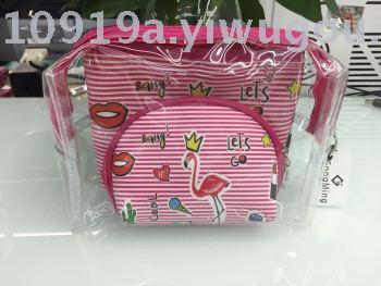 Manufacturer direct selling digital printing flamingo three sets of makeup bag toiletries package collection package.
