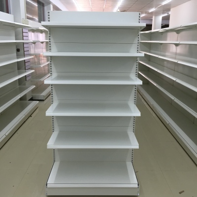 Crisp white supermarket shelves.
