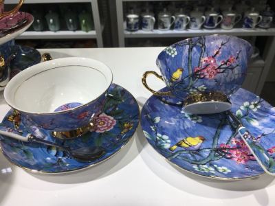 High-end bone China coffee cups and saucers! Fugui bird series firing hotel supplies