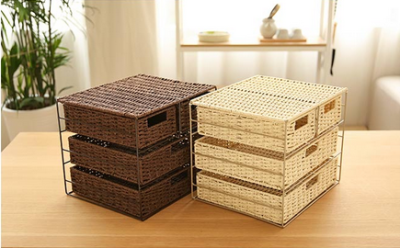 Paper Woven Three-Layer Drawer Storage-Beige Coffee Color