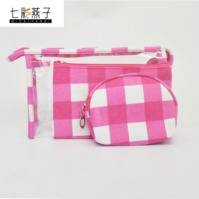 New plaid PVC three-piece waterproof wear-resistant cosmetic collection package manufacturers direct sales