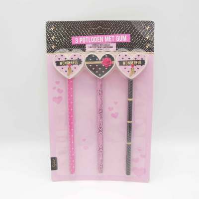 3 pencil with Heart patternl transfer erasers set 