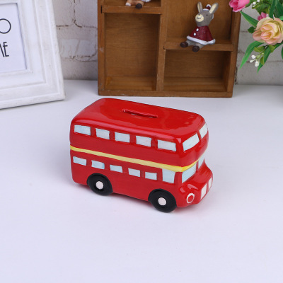 Red double-decker bus piggy bank wholesale hand-painted export foreign trade bill.