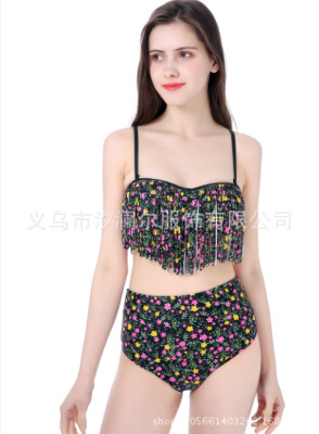BIJINI high - waisted bikini print top service it look slim, floral and fringed