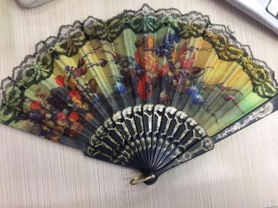 Manufacturers direct fan plastic black handle lace tourism folding fan printed lace edge fan