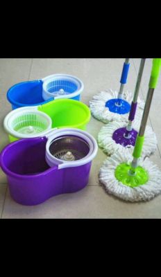 The mop bucket rotates the double drive mop without hand washing