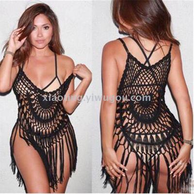 Amazon hot style beach hook print smock heavy industry hook knit lace halter top sexy tassel vest