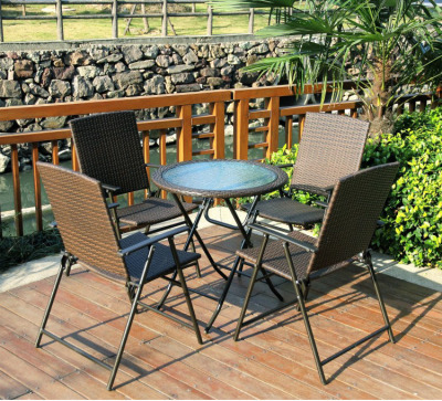 Folding Outdoor Occasional Table and Chair Three-Piece Set Milk Tea Dining Balcony Outdoor Glass Small round Table Rattan Chair Combination