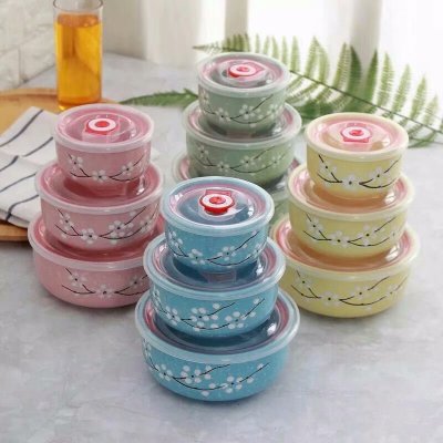 Ceramic fresh bowl 3-piece microwave oven bowl special rice box keep fresh sealed bowl cover insulated lunch box
