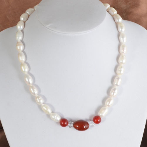 8-9mm Cultured Freshwater Natural Pearl Necklace Red Agate M-Shaped Pearl Jewelry Micro Flaw Semi-Finished Products Wholesale