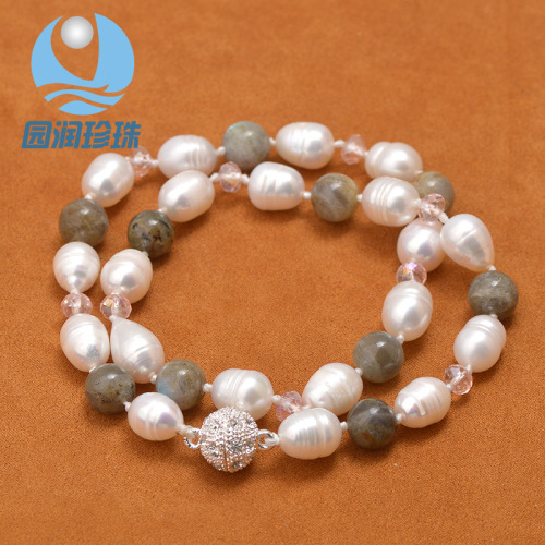 supply hot selling rice-shaped white freshwater pearl gray agate magnet buckle necklace