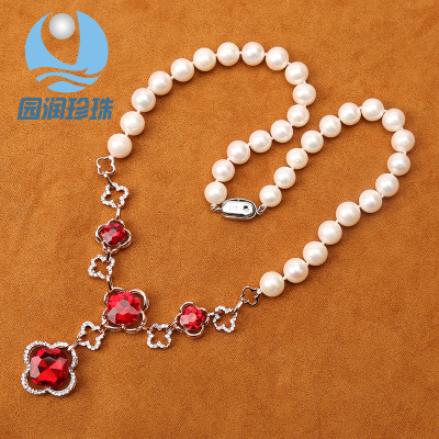 Aquaculture fresh water pearl jewelry necklace flowers gemstone pendant pearl sweater chain with diamond ring
