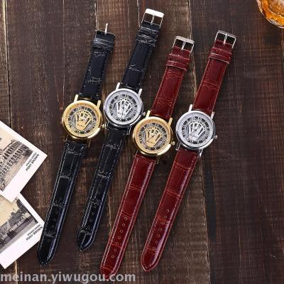 Geneva hot style with double hollowed-out fashion leather strap men's watch