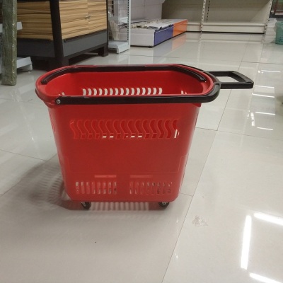 Supermarket plastic shopping rolling basket great design with four wheels 