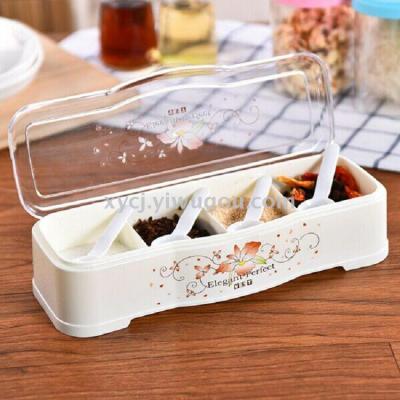 Kitchen condiment box with spoon transparent seasoning can plastic seasoning box cover 4 cases MSG box