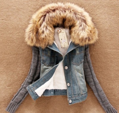 New style autumn wear denim jacket jacket, Korean version of the hairy collar cotton-thread sleeve