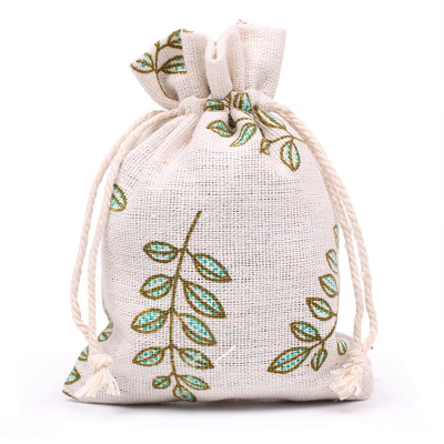 Leaves Cotton and Linen Travel Storage Drawstring Pocket Pastoral Style Cotton and Linen Printing Portable Small Cloth Bag