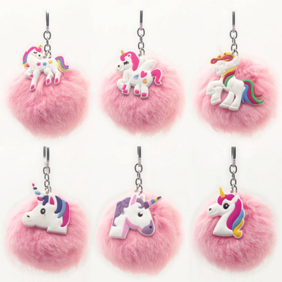 Cartoon Creative PVC soft glue unicorn key ring 8cm rabbit fur ball cute bag pendant