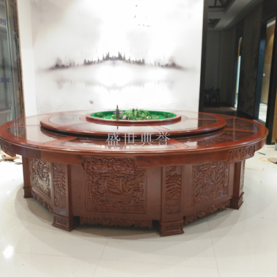 Wuhan hotel box luxury electric dining table classical solid wood carving music fountain table and chair