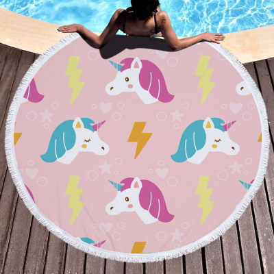 Unicorn round beach towel with microfiber tassel 150cm beach picnic mat