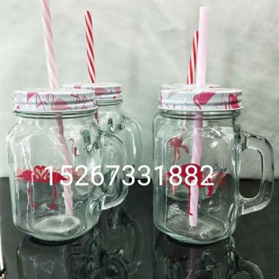glass cup with handle  flamingo mason jar with straw cup drinking glass 