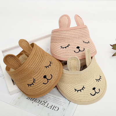 Summer Korean Style Baby Sun Protection Straw Sun Hat Sun Protection Children's Ears Cat Topless Hat Cute Cartoon Wholesale