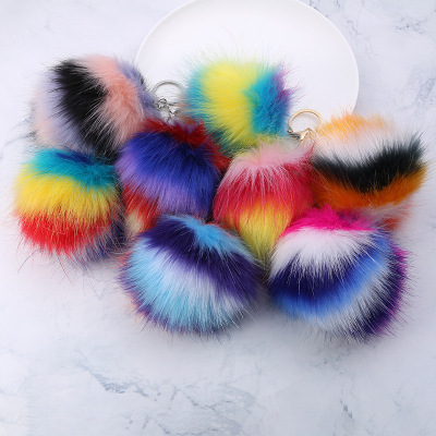 Creative long hair ball key chain pendant rainbow stripe imitation wool ball key chain case pendant