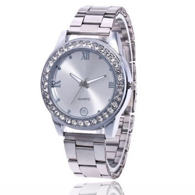 Geneva three eyes set with diamond alloy watch female European and American steel band casual jewelry watch wholesale