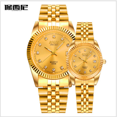 Men and women steel belt couples gold leisure quartz watch set with diamond calendar waterproof business gold watch
