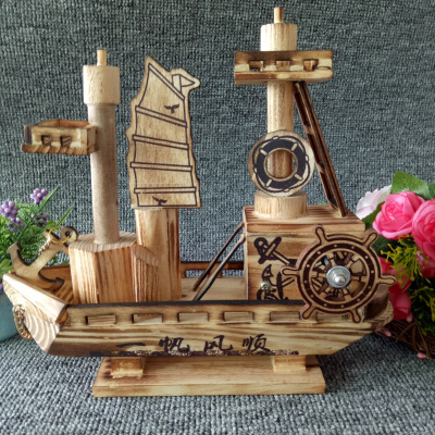 Wholesale new music sailboat wooden windmill creative home furnishing cartoon wooden children's toy motor boat
