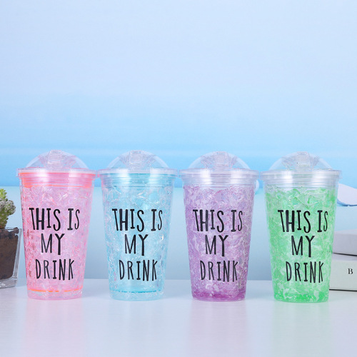 Korean Creative Ice Crushing Cup with Straw Student Outdoor Portable Water Cup Double Layer Push Cover Cup 