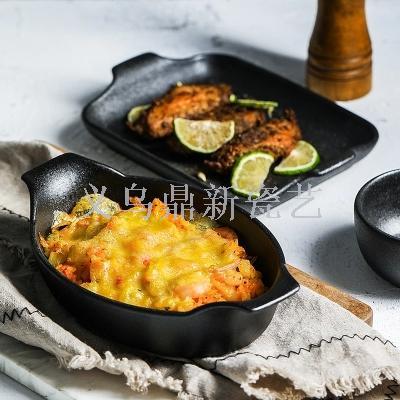 Nordic sanded double-ear western food baking dish tableware Japanese imitation cast iron sushi plate ceramic plate