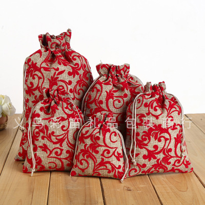 Creative printing hessian sacks drawstring pocket jewelry gift wrapping bag
