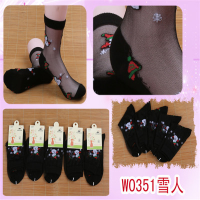 FUGUI summer ladies glass silk stockings miniature snow man black fashionable socks